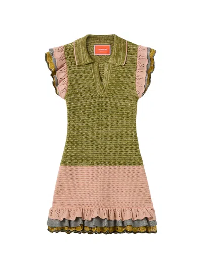 La Doublej Eight Counts Ruffle-trimmed Crochet-knit Mini Dress In Green
