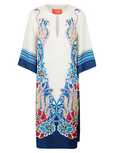 La Doublej The Kaftan Multicolor Silk Kaftan With V Neck And All-over Floral Print Woman In White