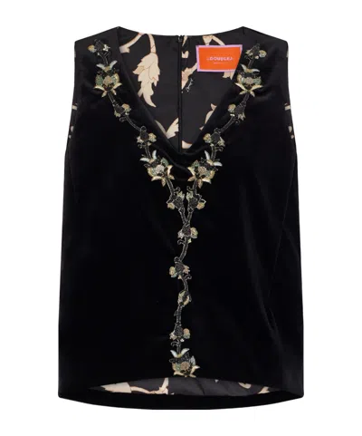 La Doublej La Scala Bead-embellished Embroidered Cotton-velvet Top In Black