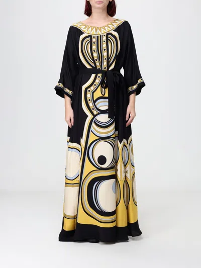 La Doublej Ethnic Print Silk Long Evening Gown With A Tie-waist Belt In Black