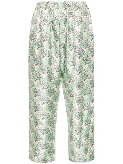 La Doublej Fans-print Silk Trousers In Green