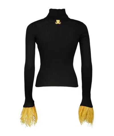 LA DOUBLEJ FEATHER-CUFF RIBBED-KNIT JUMPER