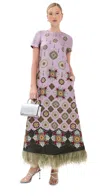 La Doublej Swing Feather-trimmed Printed Silk-twill Maxi Dress In Multi