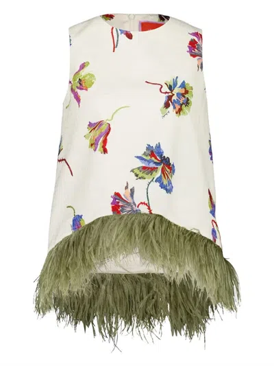 La Doublej Feather-trim Floral-print Top In Pattern