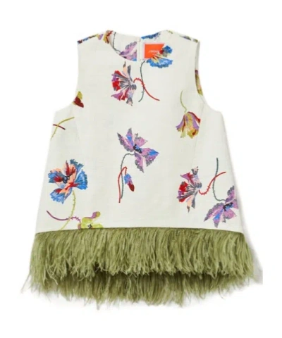 LA DOUBLEJ FEATHER-TRIM FLORAL-PRINT TOP