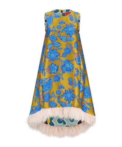 La Doublej Feather-trimmed Floral Dress In Blue