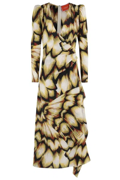 LA DOUBLEJ FEMME MIDI DRESS WITH ABSTRACT FEATHER PRINT