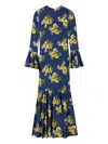 La Doublej Floral Bell-sleeve Midi Dress In Blue
