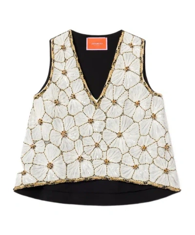 LA DOUBLEJ FLORAL-EMBROIDERY V-NECK TOP