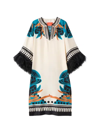 La Doublej Floral Feather Kaftan Midi Dress In Multi