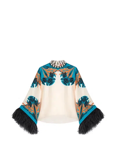 La Doublej Floral Feather Silk Blouse In Multi