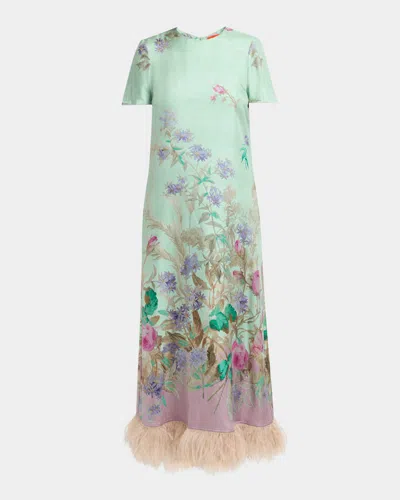 LA DOUBLEJ FLORAL FEATHER-TRIM MAXI SWING DRESS