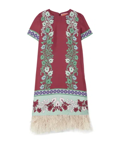La Doublej Swing Feather-trimmed Printed Silk-twill Mini Dress In Pink