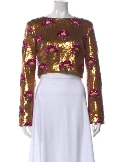 Pre-owned La Doublej Floral Print Bateau Neckline Crop Top In Brown