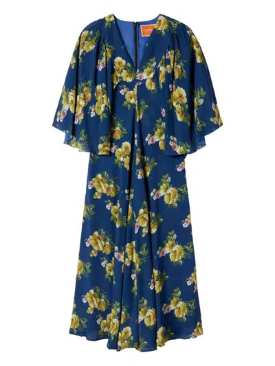 LA DOUBLEJ FLORAL-PRINT CAPE-SLEEVE MAXI DRESS