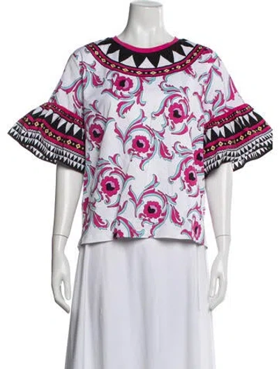 Pre-owned La Doublej Floral Print Crew Neck Top In White