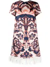 La Doublej Floral-print Feather-trim Minidress In Blue