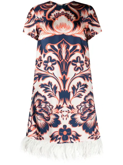 La Doublej Floral-print Feather-trim Minidress In Blue