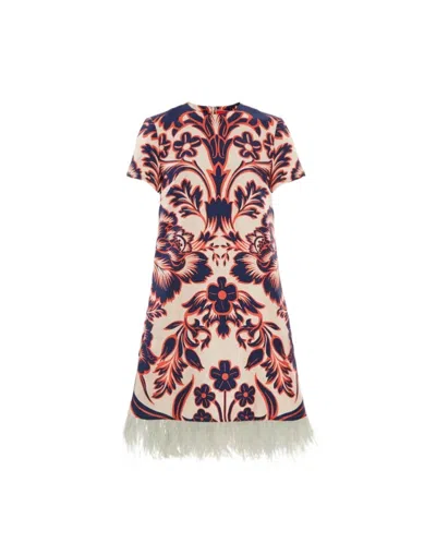 La Doublej Floral-print Feather-trim Minidress In Brown