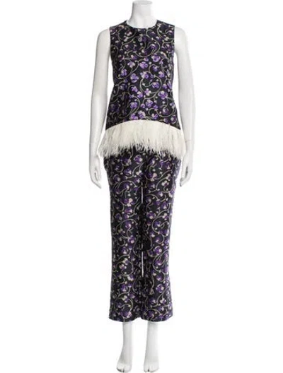 Pre-owned La Doublej Floral Print Feather Trim Pant Set In Black
