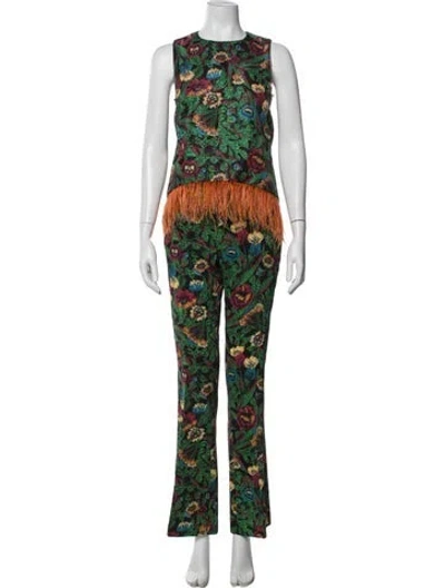 Pre-owned La Doublej Floral Print Feather Trim Pant Set W/ Tags In Black/green