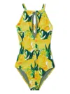 La Doublej Floral-print Halter Swimsuit In Yellow