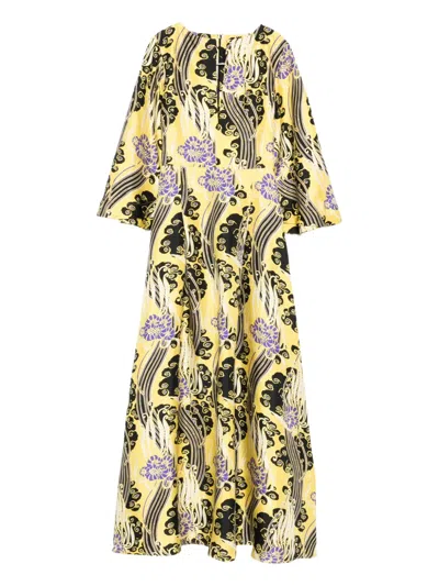 La Doublej Belle Cutout Printed Silk Maxi Dress In Yellow