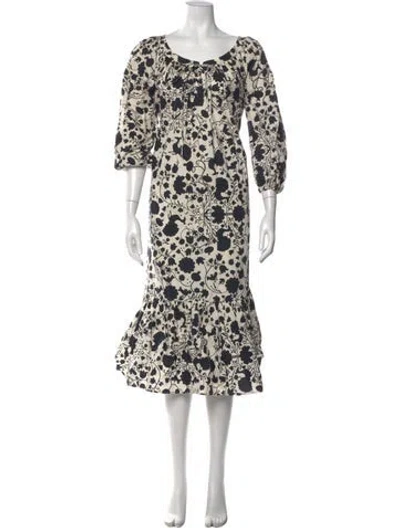 Pre-owned La Doublej Floral Print Midi Length Dress In White