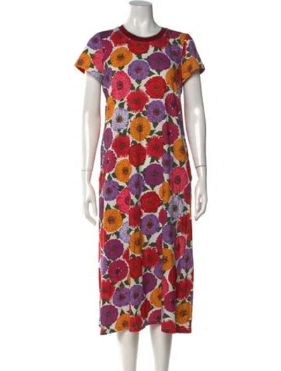 Pre-owned La Doublej Floral Print Midi Length Dress In White
