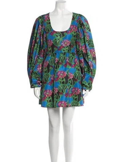 Pre-owned La Doublej Floral Print Mini Dress In Black/blue/burgundy