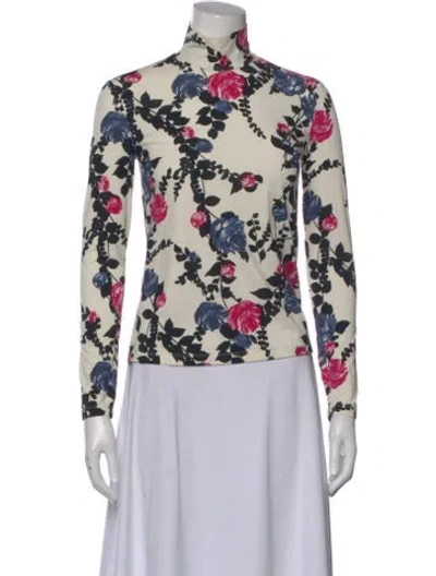 Pre-owned La Doublej Floral Print Mock Neck Blouse In White