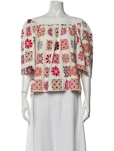 Pre-owned La Doublej Floral Print Off-the-shoulder Blouse In White
