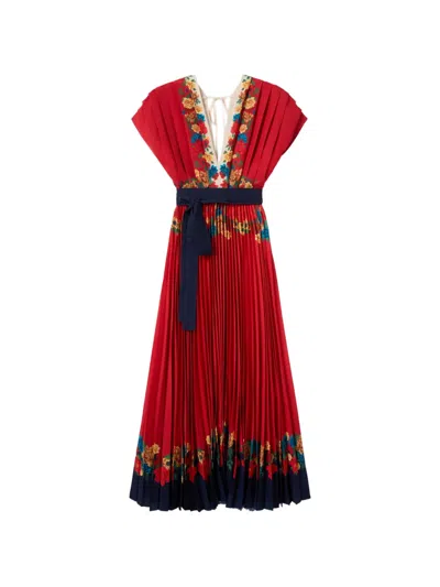 La Doublej Accordion Pleated Floral-print Crepe De Chine Maxi Dress In Red