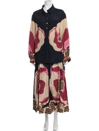 Pre-owned La Doublej Floral Print Ruffle Embellishment Skirt Suit In Blue