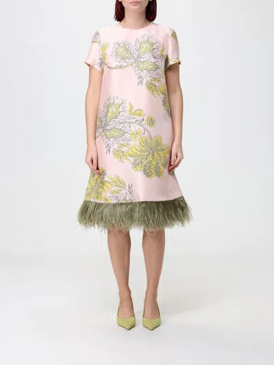 La Doublej Floral Print Silk Midi Evening Dress With Feather Details In Multi