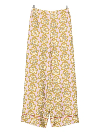 La Doublej Floral-print Silk Trousers In Brown