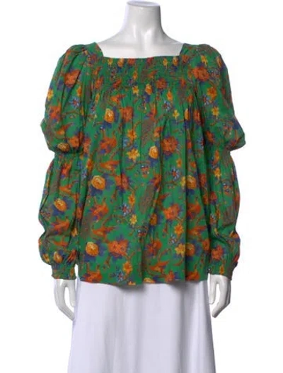 Pre-owned La Doublej Floral Print Square Neckline Blouse In Green