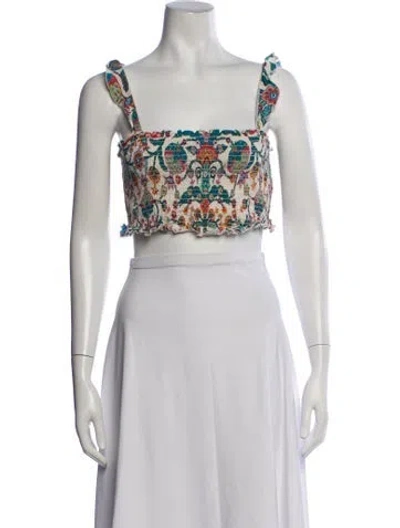 Pre-owned La Doublej Floral Print Square Neckline Crop Top In White
