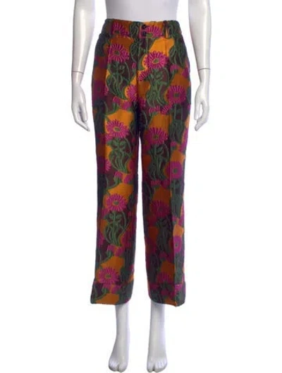 Pre-owned La Doublej Floral Print Straight Leg Pants In Green/orange