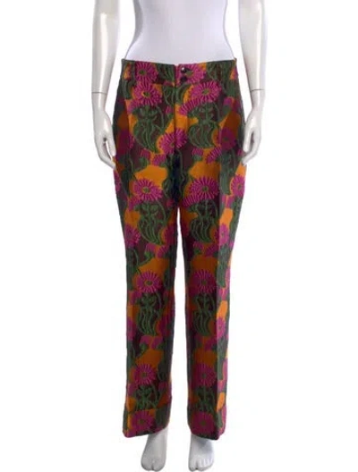 Pre-owned La Doublej Floral Print Straight Leg Pants In Green/orange