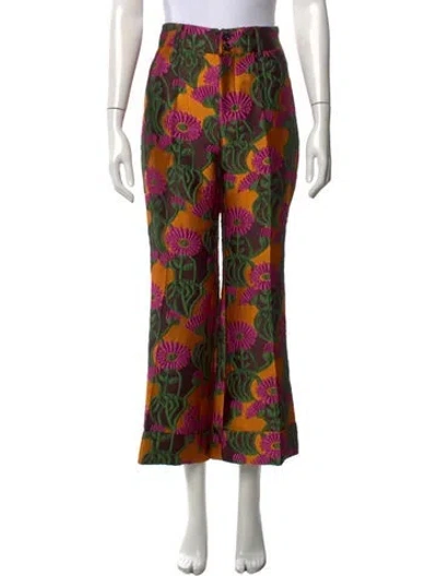 Pre-owned La Doublej Floral Print Straight Leg Pants In Green/orange