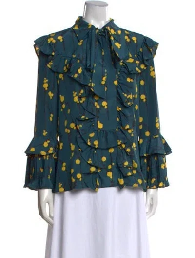 Pre-owned La Doublej Floral Print Tie Neck Blouse In Blue