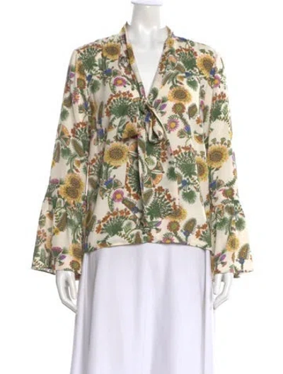 Pre-owned La Doublej Floral Print Tie Neck Blouse In Neutral