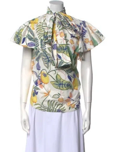 Pre-owned La Doublej Floral Print Tie Neck Blouse In Neutral