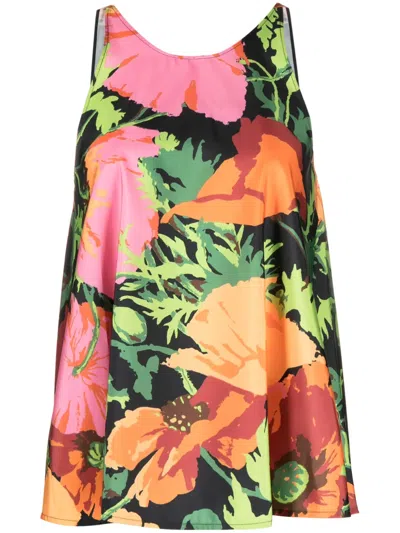 La Doublej Floral-print Vest Top In Black