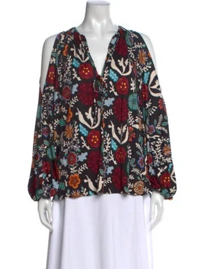 Pre-owned La Doublej Floral Print V-neck Blouse In Black
