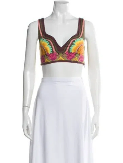 Pre-owned La Doublej Floral Print V-neck Crop Top In White
