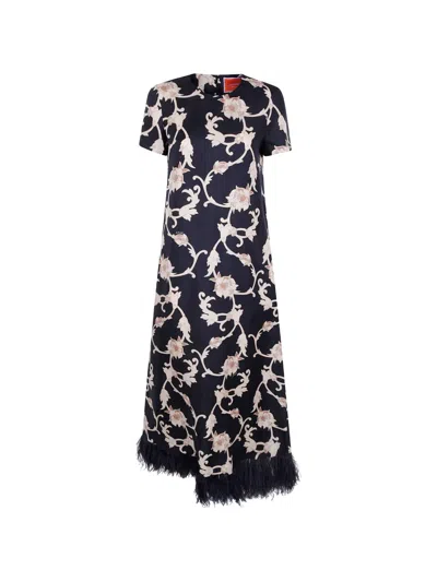 La Doublej Floral-print Feather-trim Dress In Schwarz