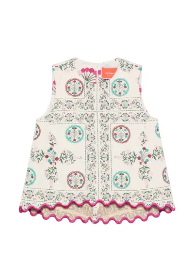 La Doublej Floral-print Scalloped-hem Blouse In Neutral