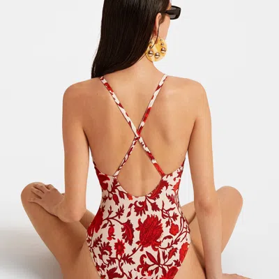 La Doublej Fonda Braided-trimmed Floral-print Swimsuit In Dragonflower Mini Red